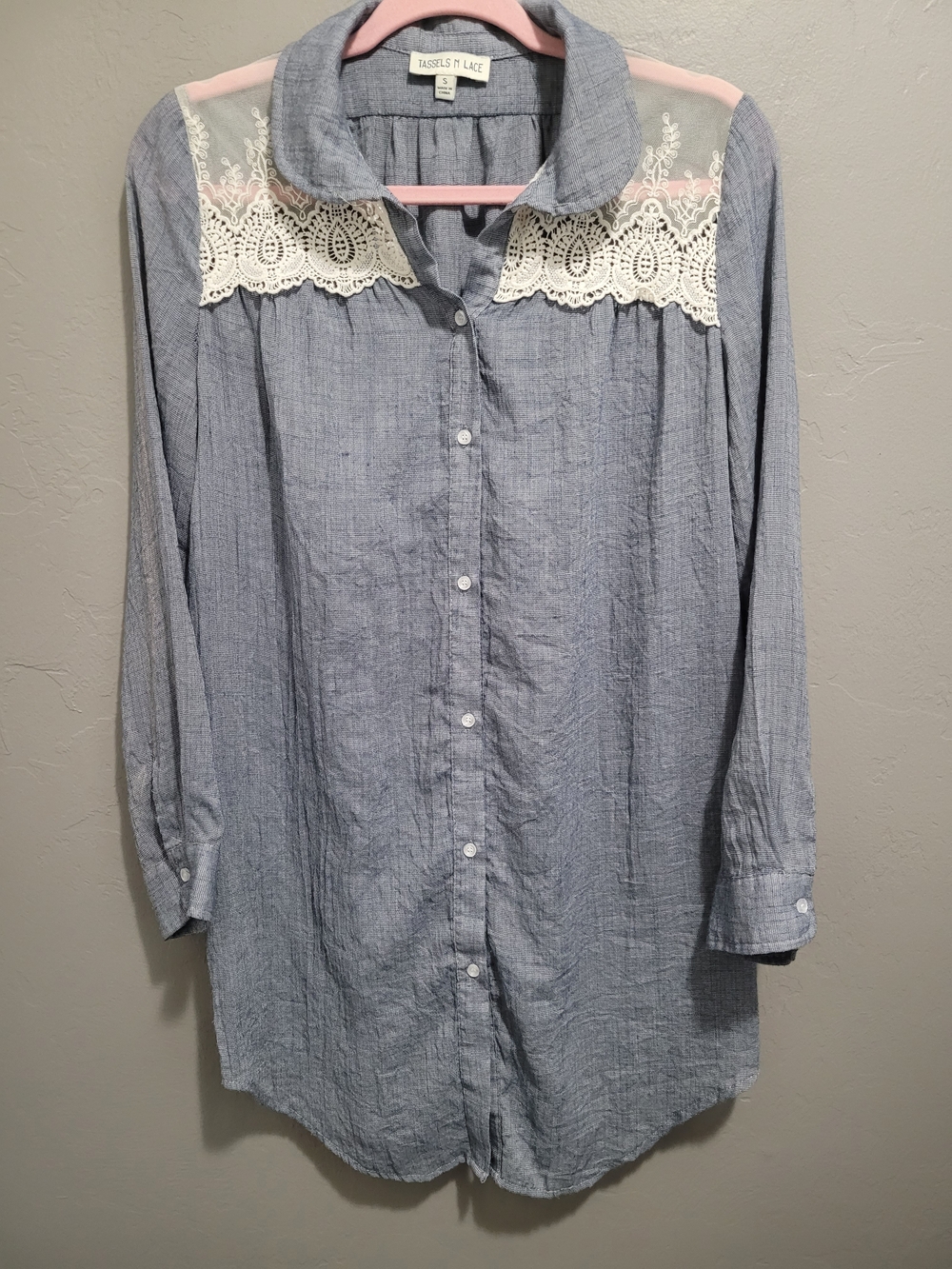 Tassels N Lace Blue Button-Down Mini Dress with Lace Yoke